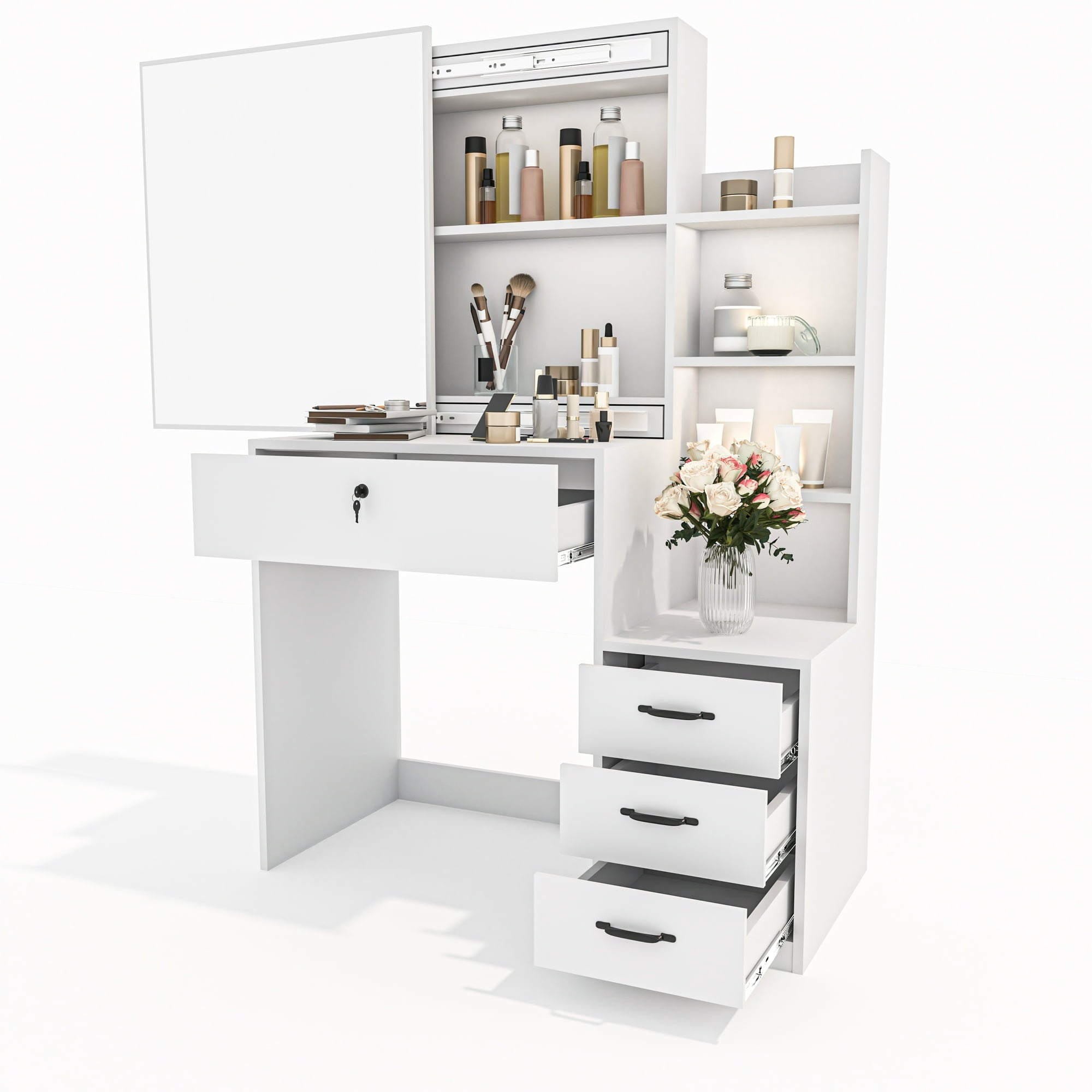 SUGIFT 37 W Vanity Desk Makeup Table with 3 Storage Shelves & Drawers, Dressing Table Makeup Desk, White