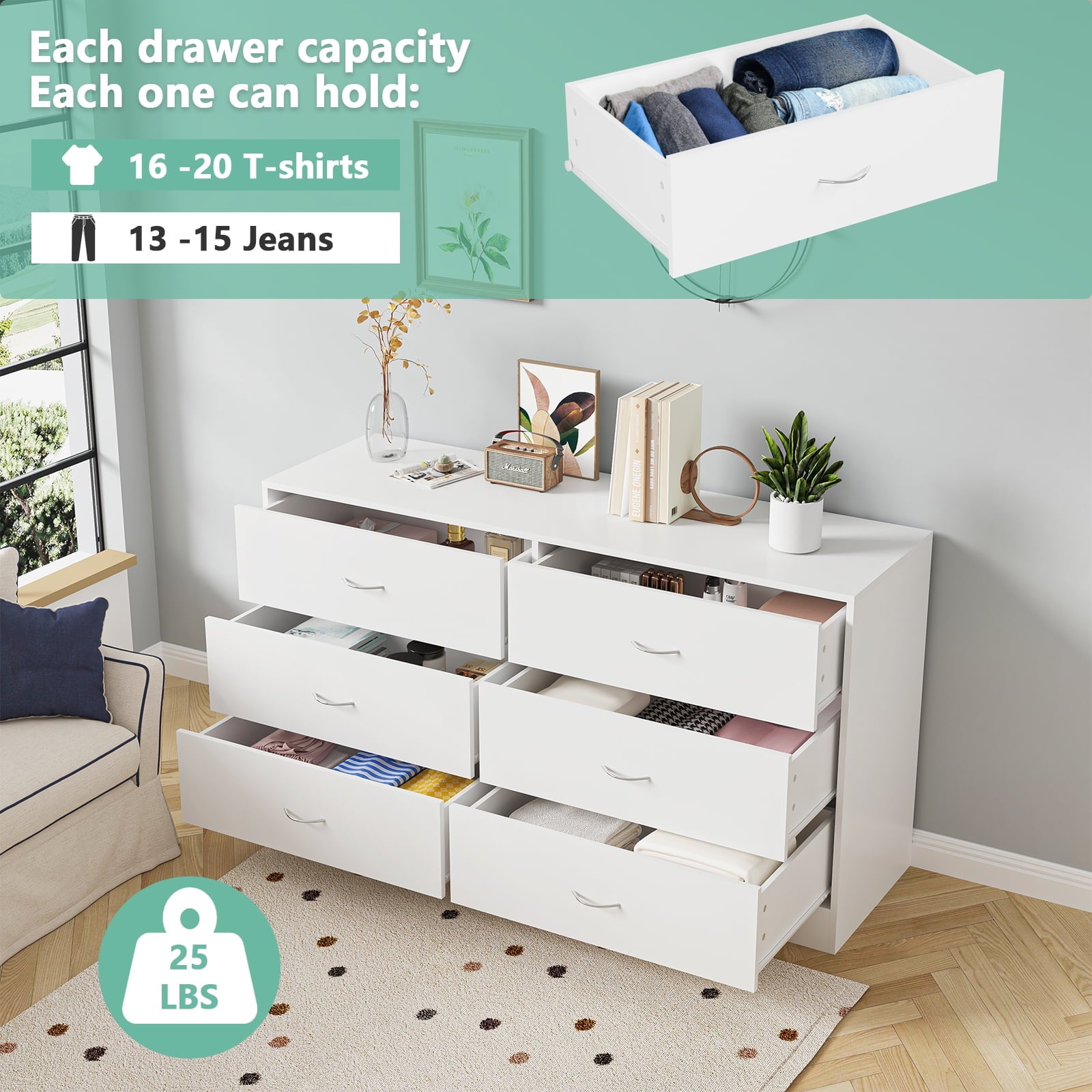 SUGIFT 6 Drawer White Dresser for Bedroom Versatile Chests of Drawers with Sturdy Structure