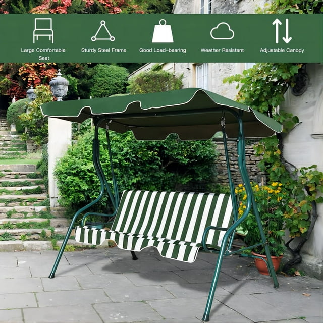 3-Seat Patio Swing Chair, Outdoor Porch Swing with Adjustable Canopy & Durable Steel Frame for Patio, Garden - Green