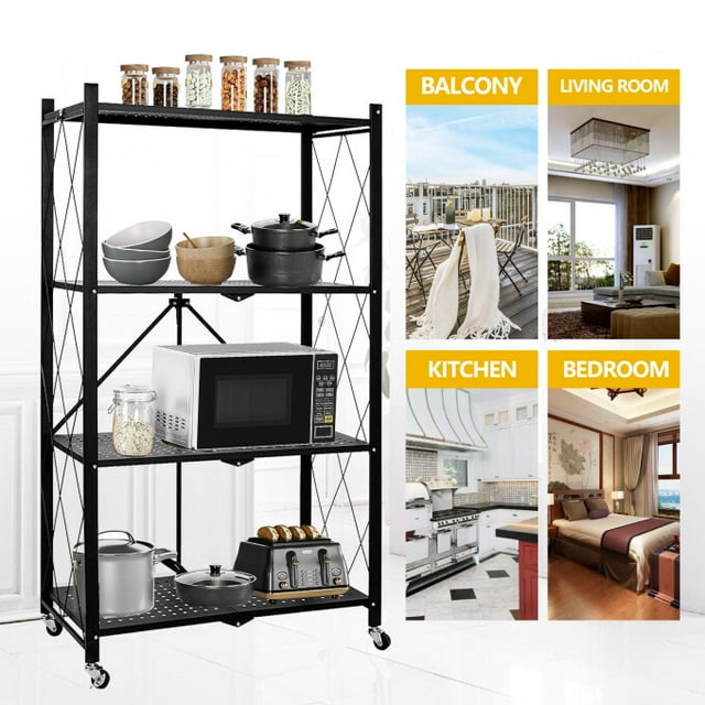 TBKLEY 4-Tier Foldable Storage Shelving with Wheels, Heavy Duty Metal Shelf, Kitchen Shelving Units, Black