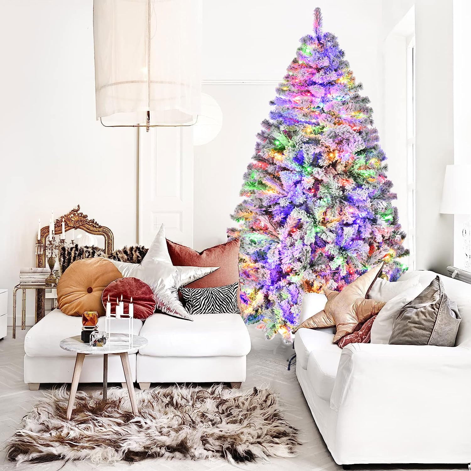 SUGIFT 6.5ft Premium Christmas Tree Snow Flocked Pine 1000 Branches with 250 Colorful Lights