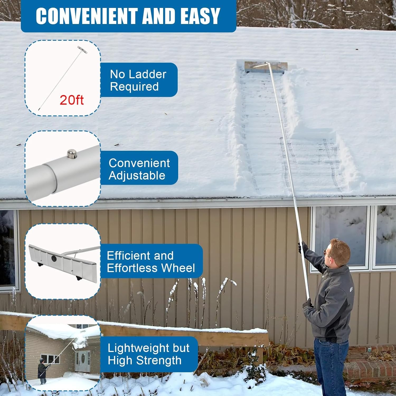 20FT Snow Roof Rake Aluminum Detachable Snow Rake for House Roof