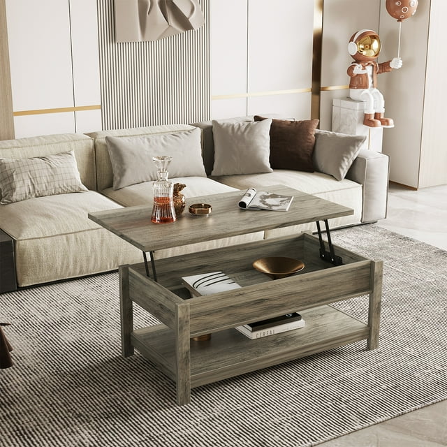 SUGIFT Wooden Lift Top Coffee Table for Living Room 43.3inL x 23.6inW x 18.1inH, Rustic Gray