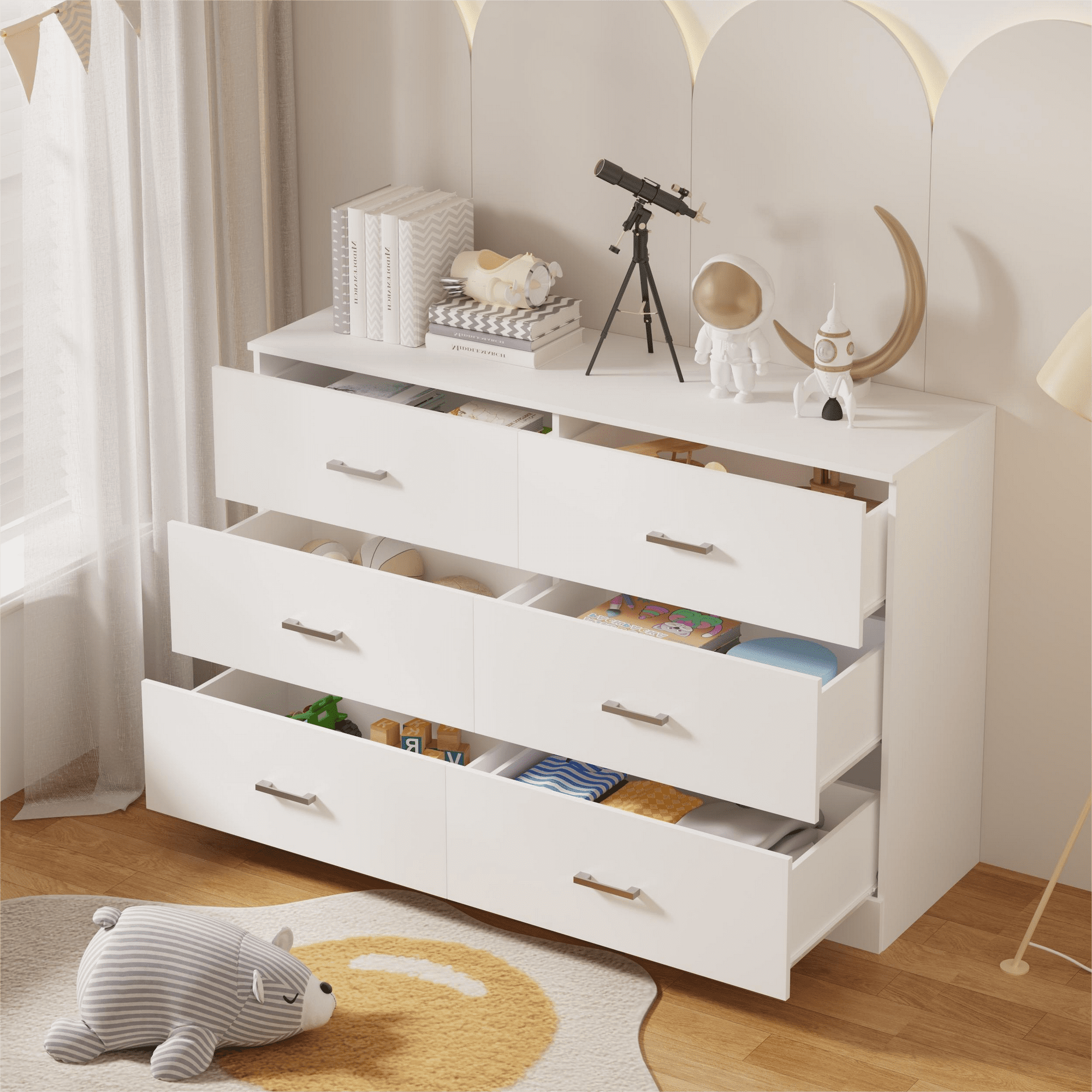 SUGIFT 6 Drawer White Double Dresser for Bedroom