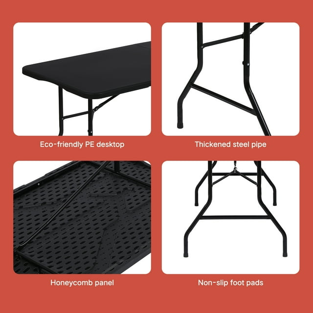 SUGIFT Folding Table 6ft Portable Heavy Duty Plastic Foldable Table for Indoor Outdoor Use  Black