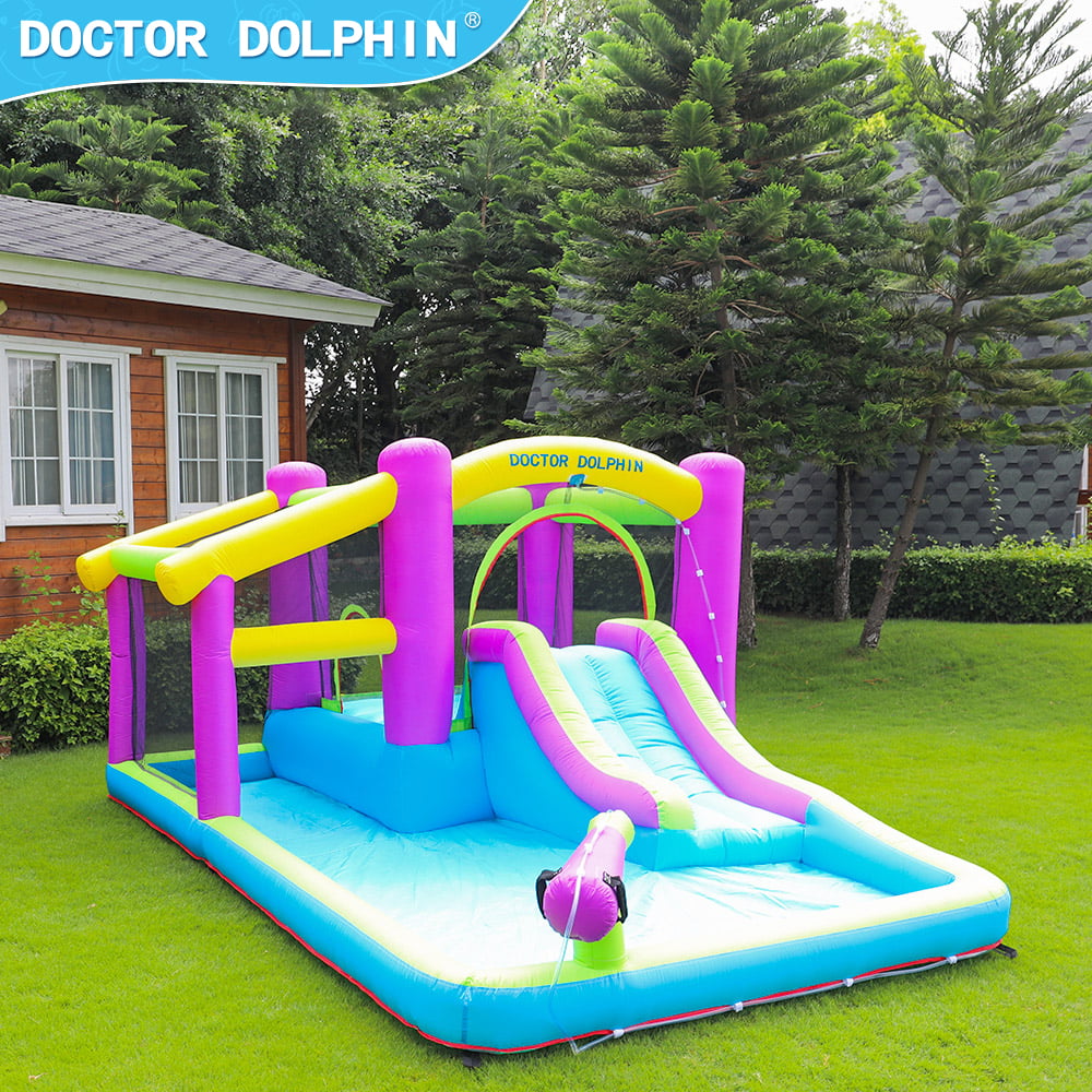 Inflatable Bounce House 5 in 1 Water Slide Jumping Park With Splashing Pool Water Cannon Including Carry Bag Stakes Repair Kit Hose (with 450W Air Blower)