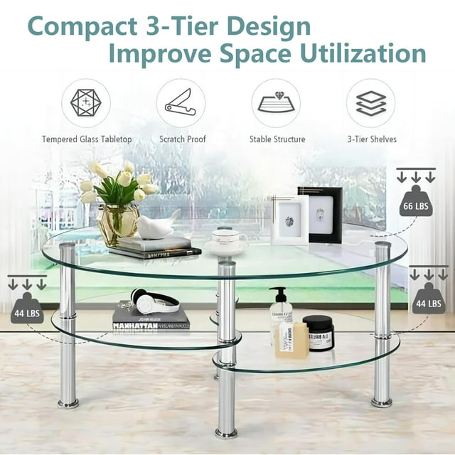 ALPULON Tempered Glass Coffee Table Oval 3-Tier Steel Tea Table for Home Living Room Office