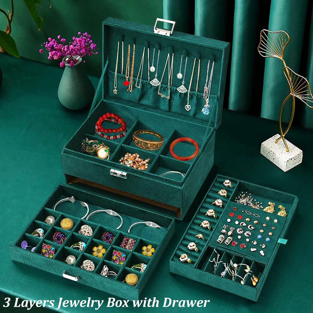 SUGIFT Jewelry Boxes for Women Green Velvet Jewelry Organizer with Lock,Teen Jewelry Organizers and Storage Earring and Necklace Holder Organizer Box Womens Jewelry Box