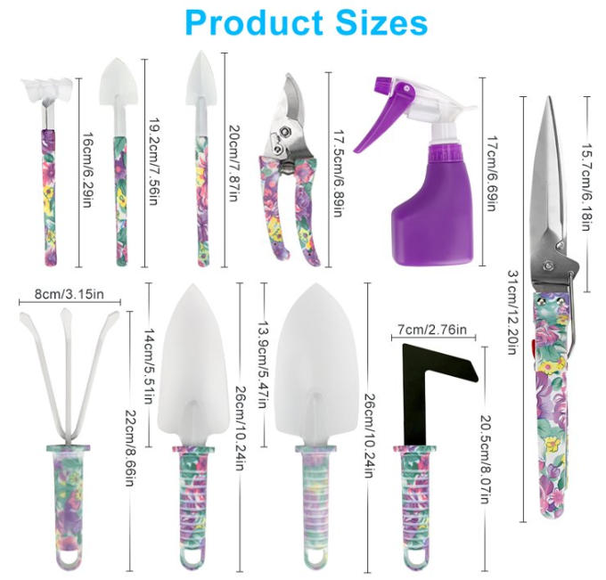 Harigal Gardening Tools Set 10 Pieces, Purple Floral Printed Garden Tools Kit,Multi-functional Gardening Gifts for Women Mother Wife