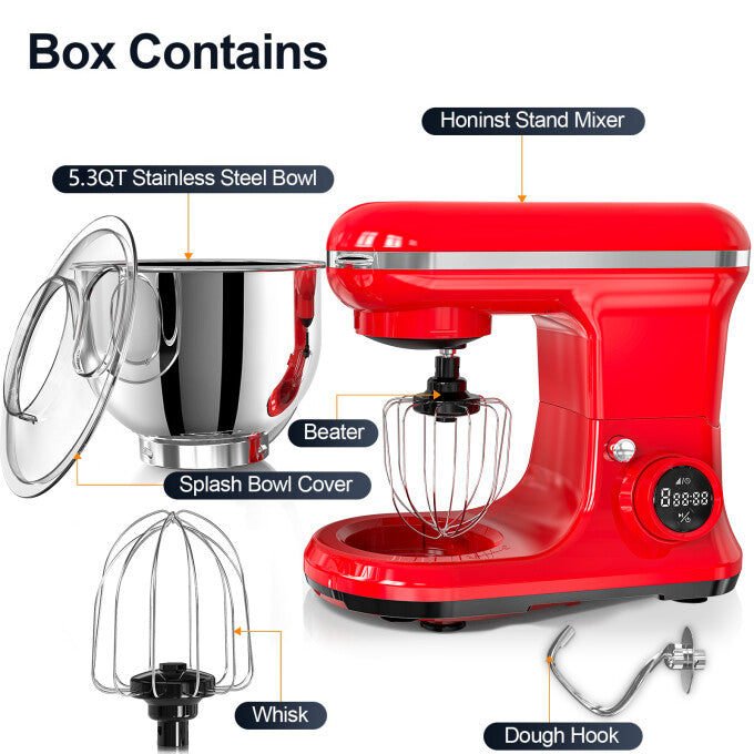 HONGGE Electric Stand Mixer, 5.3QT 500W 6-Speed Red