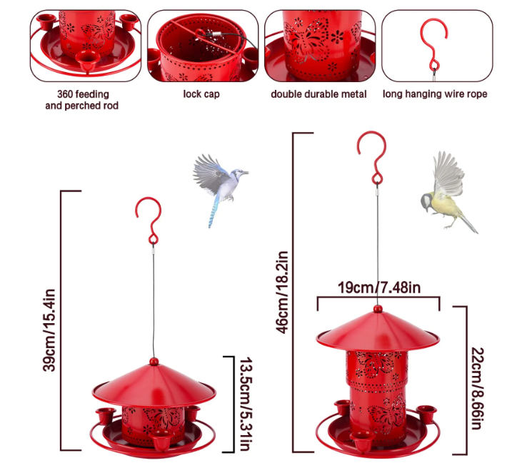 Harigal Outdoor Hummingbird Feeder, Adjustable Metal Birds Feeder with 3 Drinking Cups and S Hook, for Sparrow, Red