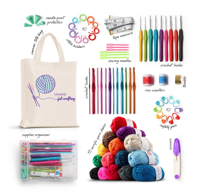 Harigal 73 PCS Crochet Kit for Beginners Adults, Ergonomic Crochet Hook Set Include Roll Yarn, Knitting Needles and Other Supplies, Canvas Tote Bag for Travel