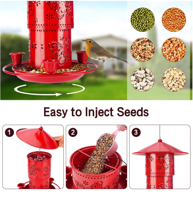 Harigal Outdoor Hummingbird Feeder, Adjustable Metal Birds Feeder with 3 Drinking Cups and S Hook, for Sparrow, Red