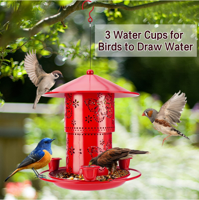 Harigal Outdoor Hummingbird Feeder, Adjustable Metal Birds Feeder with 3 Drinking Cups and S Hook, for Sparrow, Red