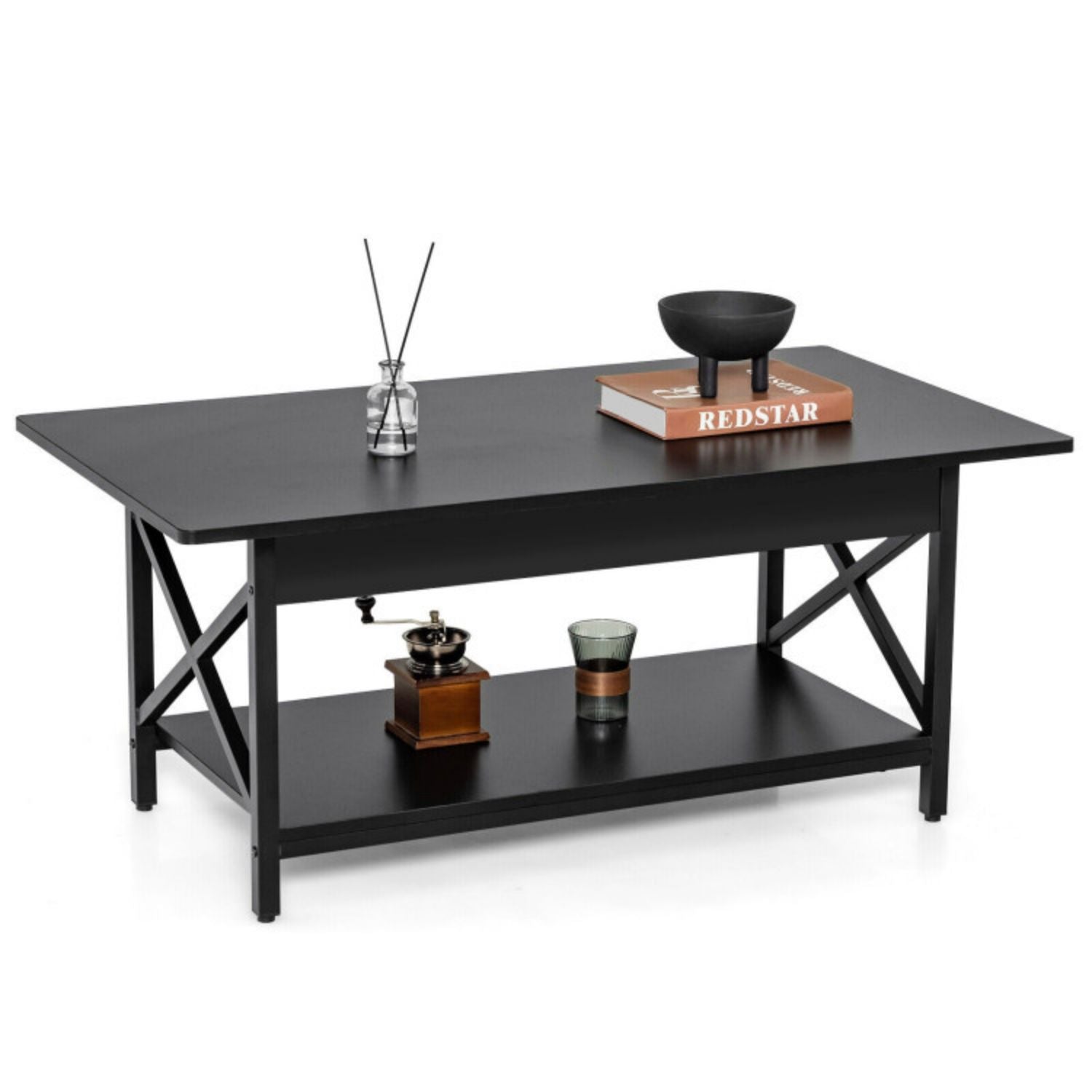 SUGIFT 2-Tier Industrial Rectangular Coffee Table with Storage Shelf-Black