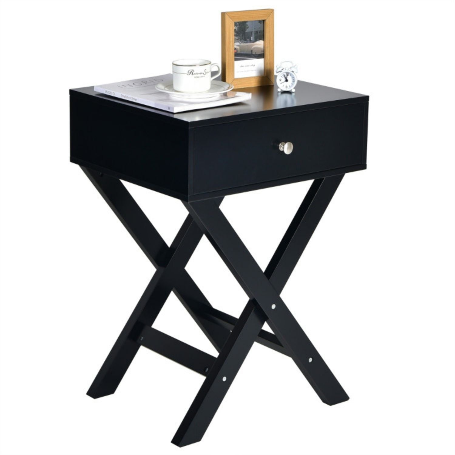 SUGIFT Modern X-Shaped Nightstand with Drawer for Living Room Bedroom-Black