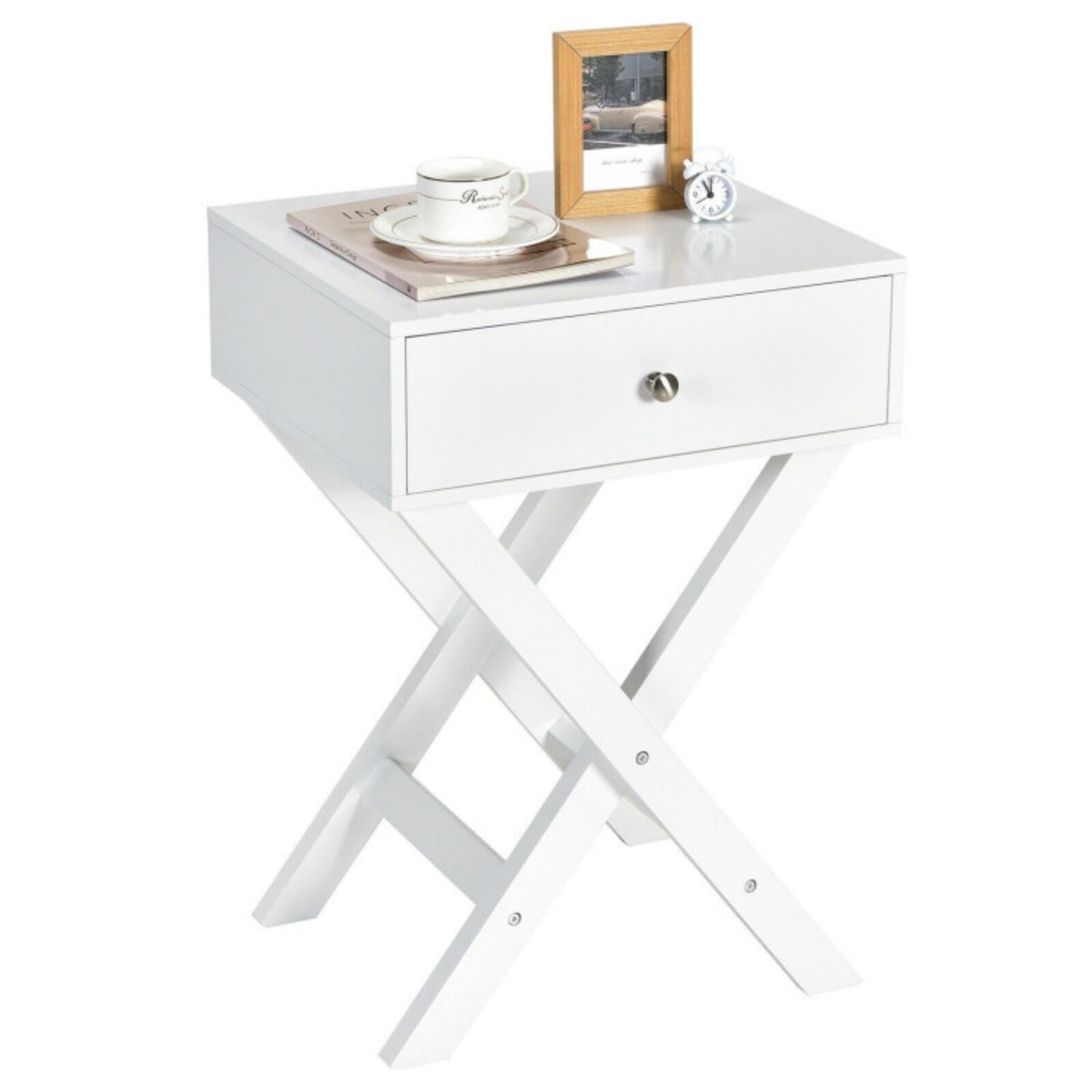 SUGIFT Modern X-Shaped Nightstand with Drawer for Living Room Bedroom-White