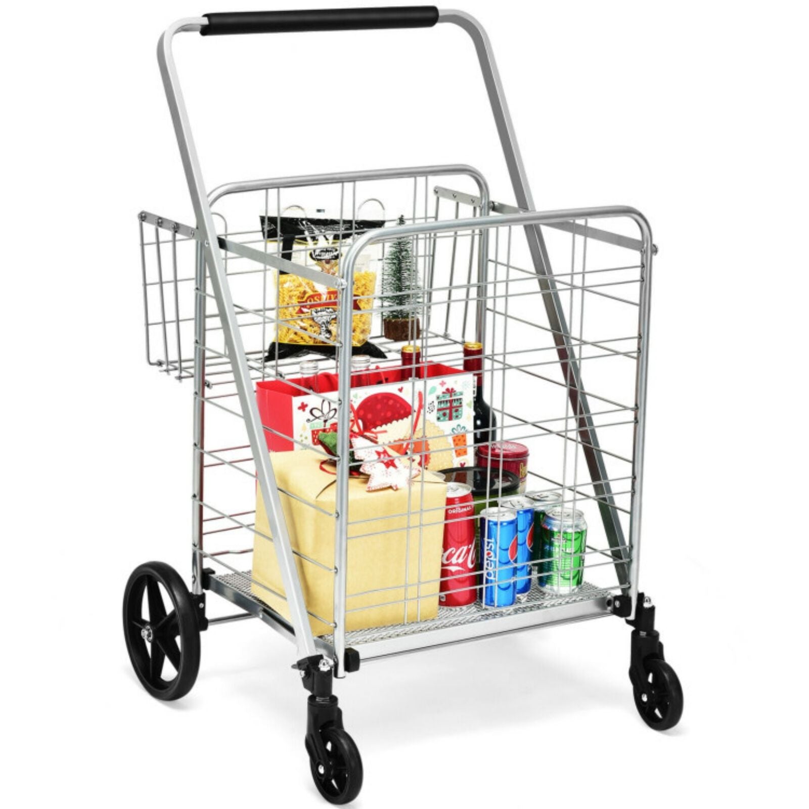 SUGIFT Heavy Duty Folding Utility Shopping Double Cart-Silver