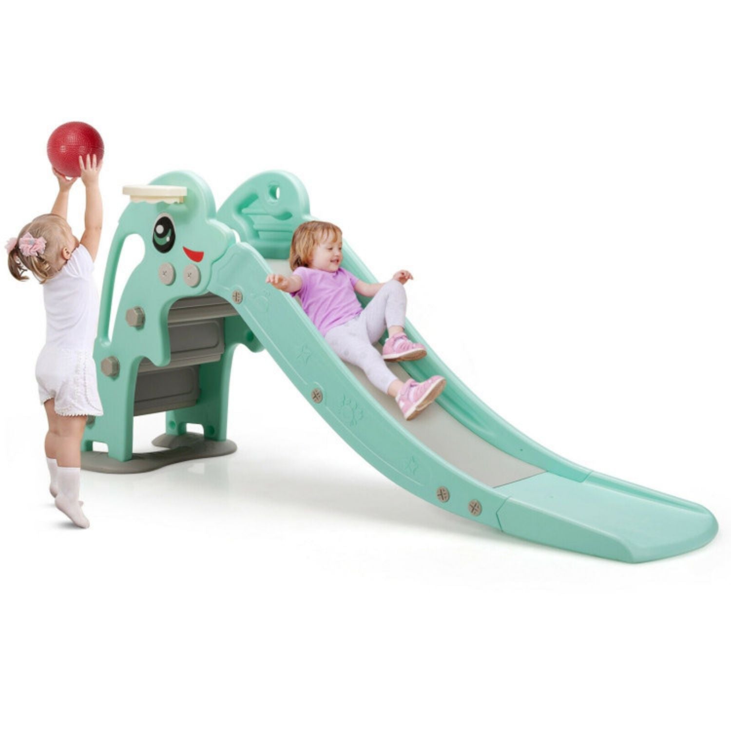 SUGIFT 3-in-1 Kids Climber Slide Play Set? with Basketball Hoop and Ball-Green