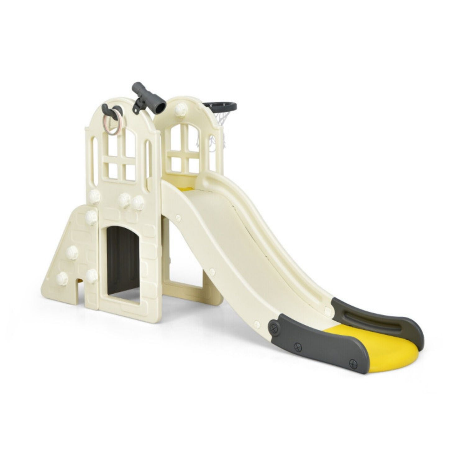 SUGIFT 6-In-1 Large Slide for Kids Toddler Climber Slide Playset with Basketball Hoop-Yellow