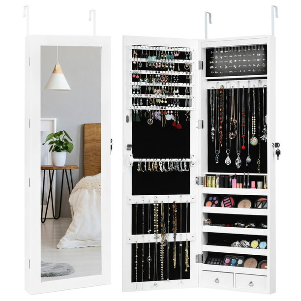 SUGIFT Wall Door Mounted Mirror Jewelry Cabinet Organizer w/LED Light