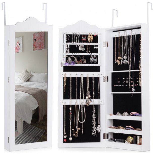 SUGIFT Wall Mounted Mirrored Jewelry Armoire Storage Organizer