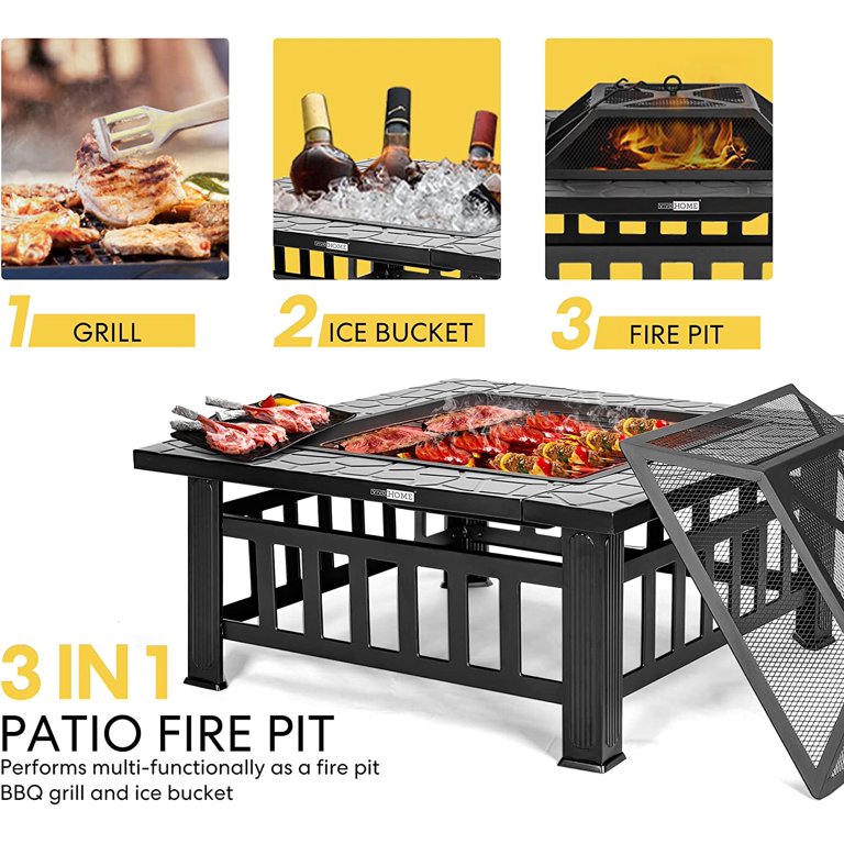 32 Inch Heavy Duty 3 in 1 Metal Square Patio Firepit Table