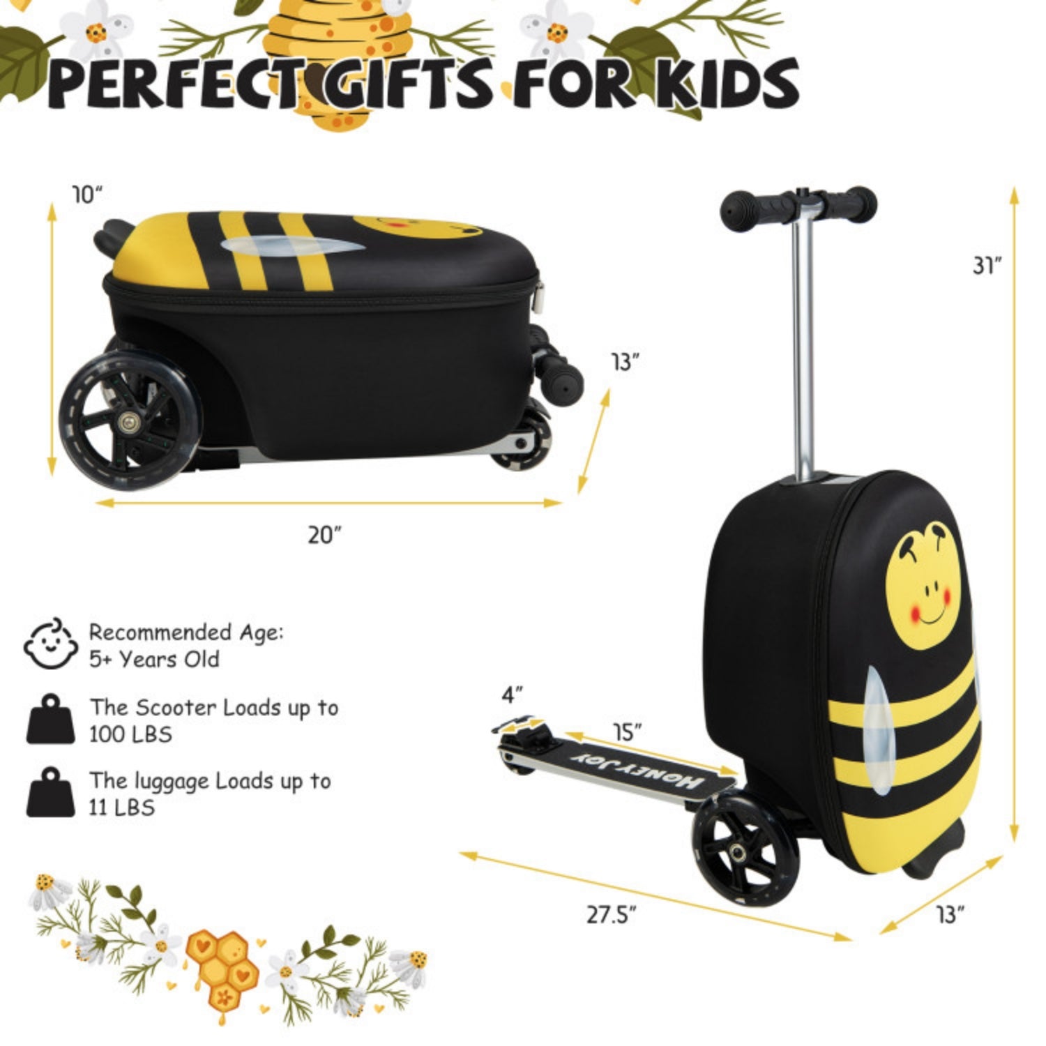 SUGIFT Hardshell Ride-on Suitcase Scooter with LED Flashing Wheels,Yellow