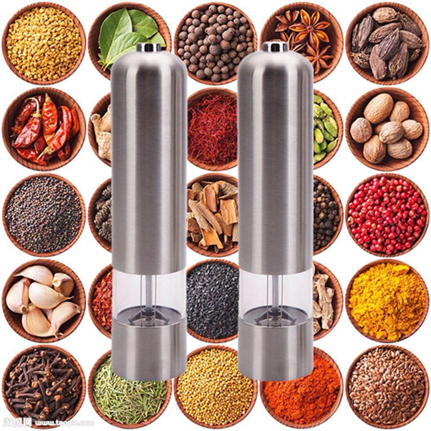 SUGIFT Set of 2 Automatic Pepper Mill and Salt Grinder,Battery Powered Stainless Steel Blades One Hand Pepper Grinder