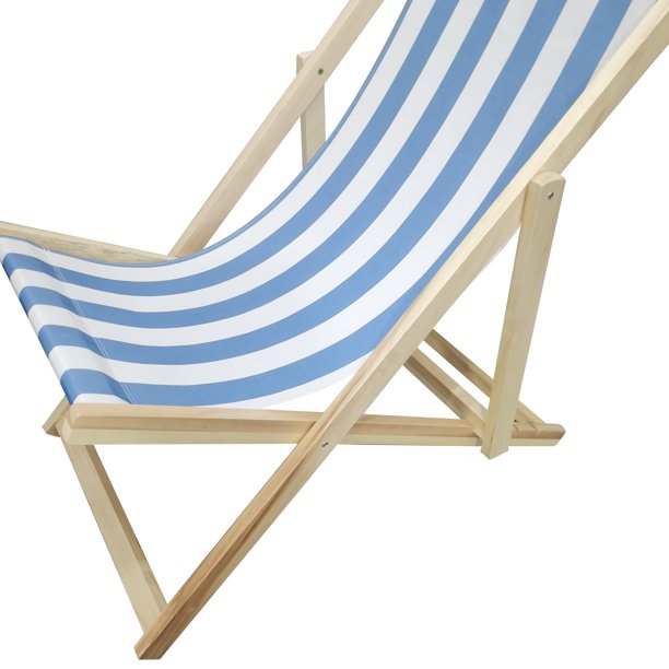 SUGIFT Beach Sling Chair, Lounge Striped Chair Outdoor, Reclining Beach Chair, Wooden Folding Adjustable Patio Chair, Light Blue