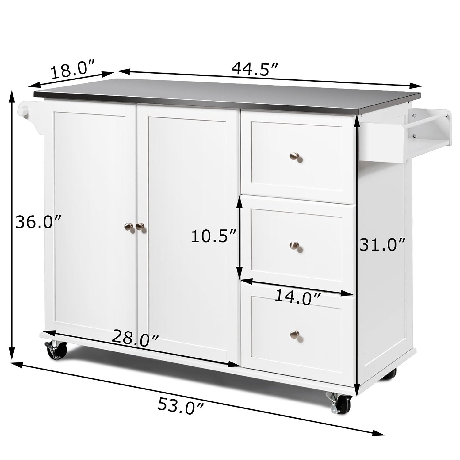 SUGIFT Kitchen Island 2 Doors Locker On Wheels Stainless Steel Top 3 Drawers White