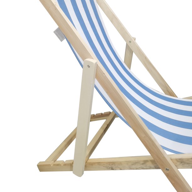 SUGIFT Beach Sling Chair, Lounge Striped Chair Outdoor, Reclining Beach Chair, Wooden Folding Adjustable Patio Chair, Light Blue