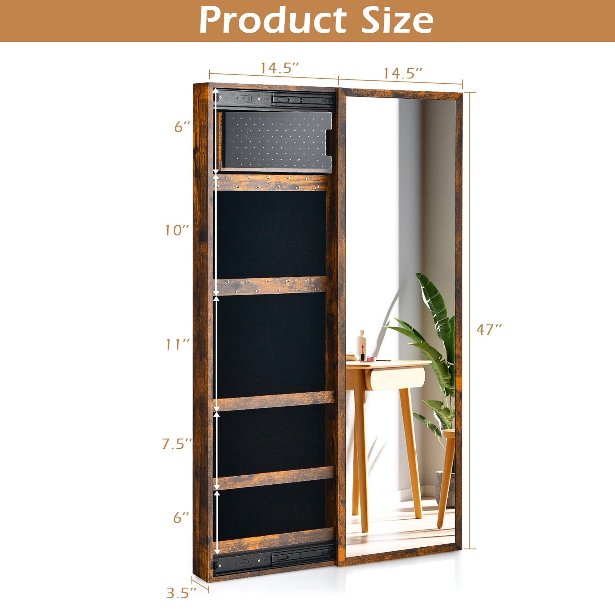 SUGIFT Wall Mounted Jewelry Full-Length Mirror Slide Cabinet Armoire Brown