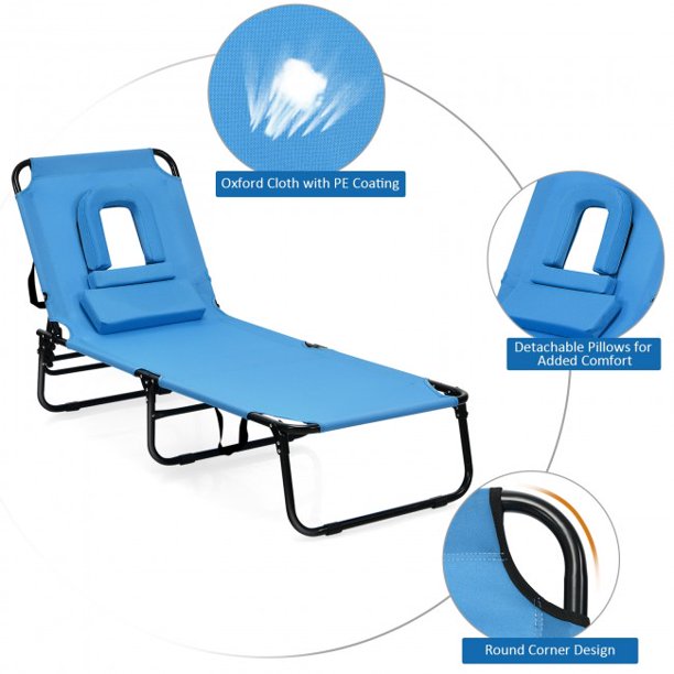 Folding Lounge Chair Portable Chaise Beach Pool Patio Lounge Chair Bed with Adjustable Back and Hole