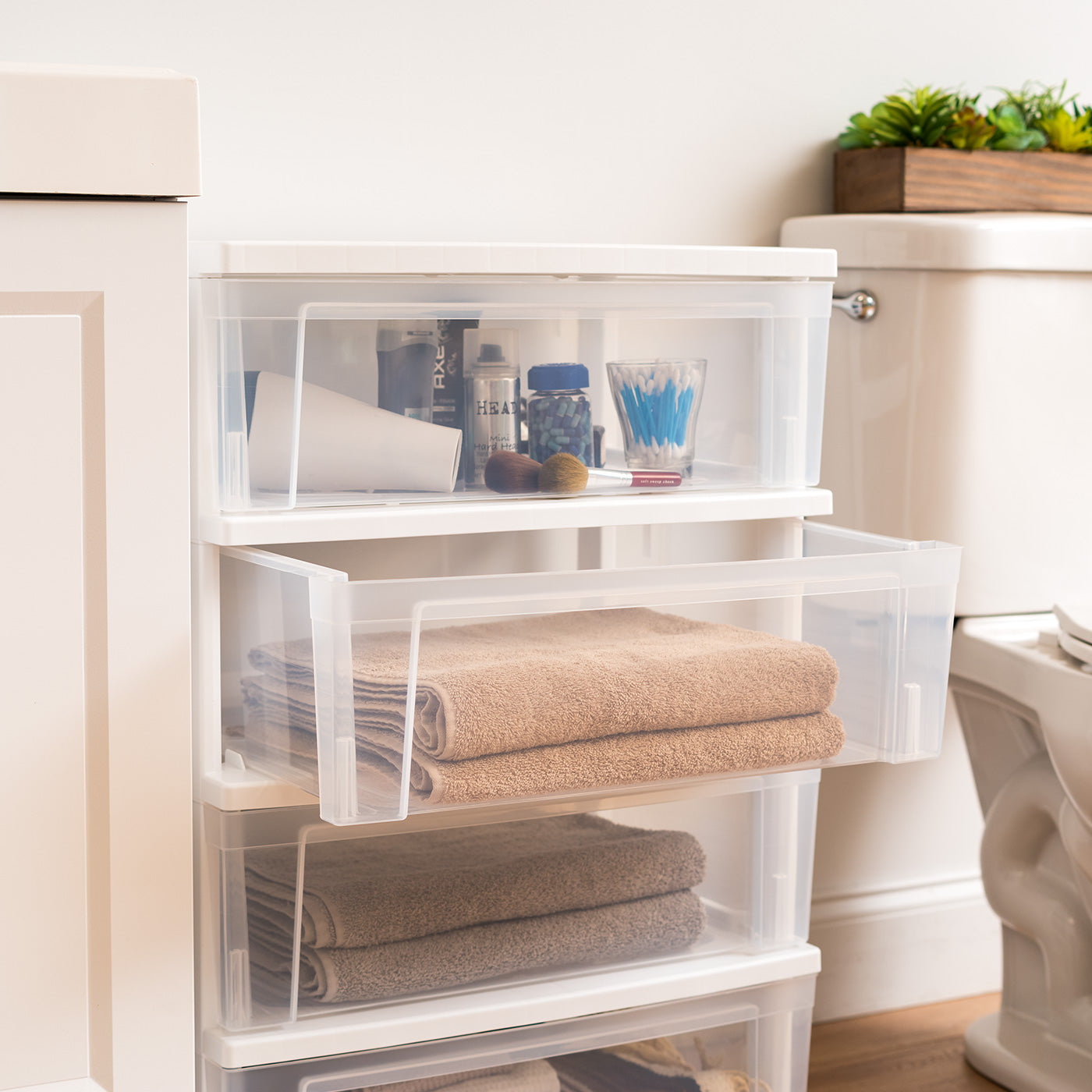 4 Drawer Wide Plastic Storage Tower, White/Clear