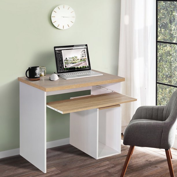 SUGIFT Bicolor Writing-Computer Desk with Storage, Large Students-Study Desk with Shelf Home-Office PC Laptop Table Modern Wood Workstation, Oak & White