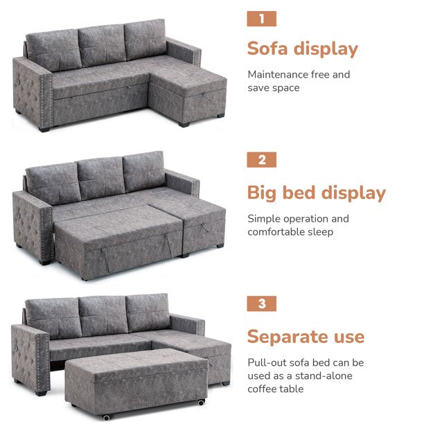 SUGIFT 84in L Sectional Sofa with USB Charger, Seats Sofa Bed with Storage Chaise, Sleeper Independent Use as Coffee Table