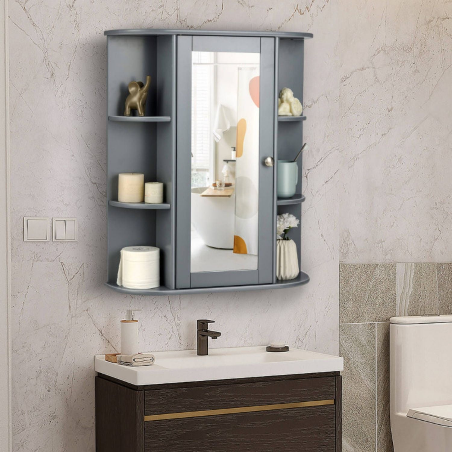 SUGIFT Bathroom Single Door Shelves Wall Mount Cabinet with Mirror-Gray