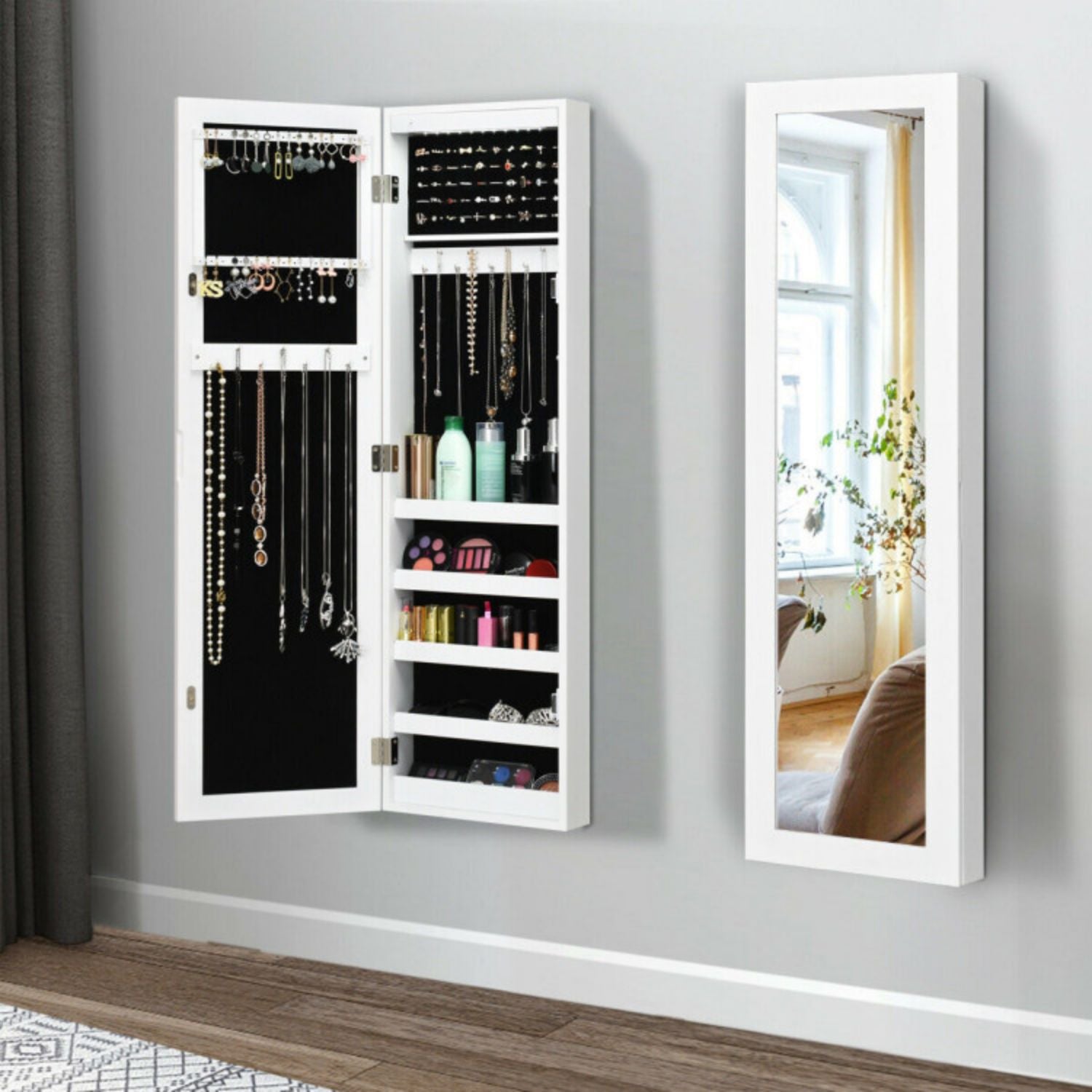 SUGIFT Wall And Door Mirrored Jewelry Cabinet With LED Light
