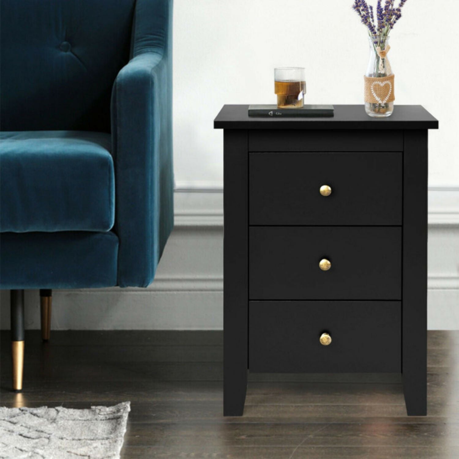 SUGIFT Nightstand End Beside Table Drawers Modern Storage Bedroom Furniture-Black