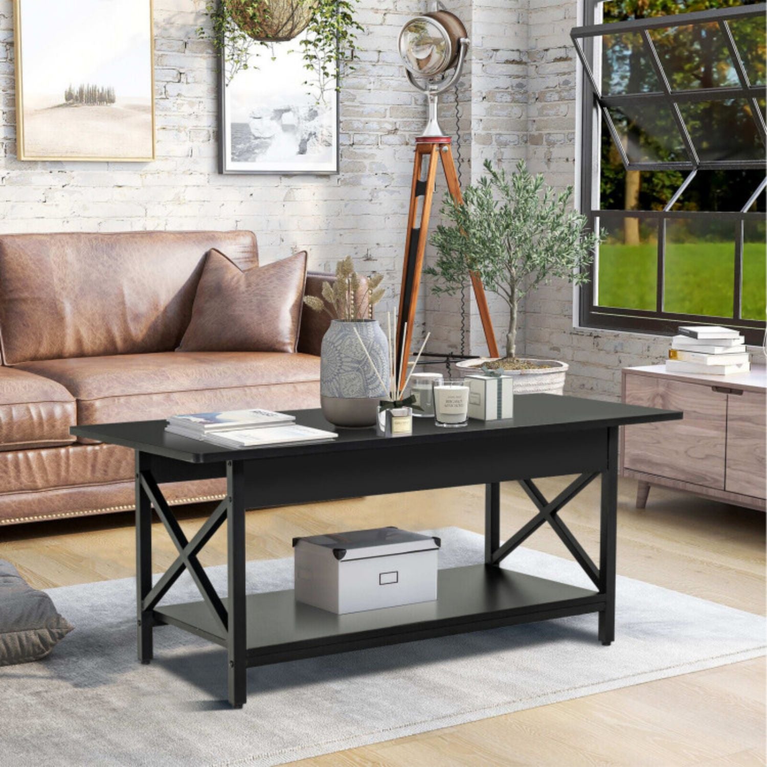 SUGIFT 2-Tier Industrial Rectangular Coffee Table with Storage Shelf-Black