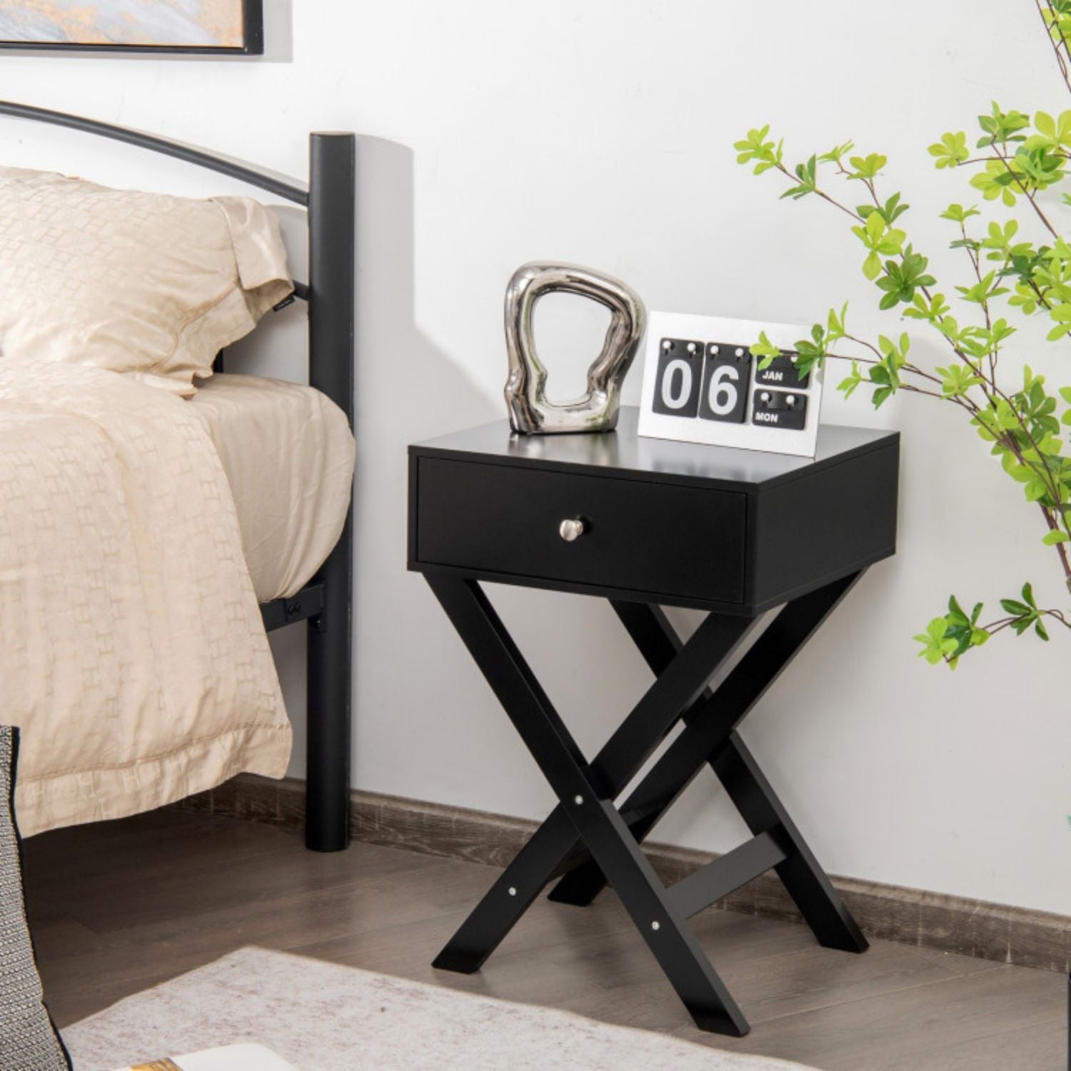 SUGIFT Modern X-Shaped Nightstand with Drawer for Living Room Bedroom-Black