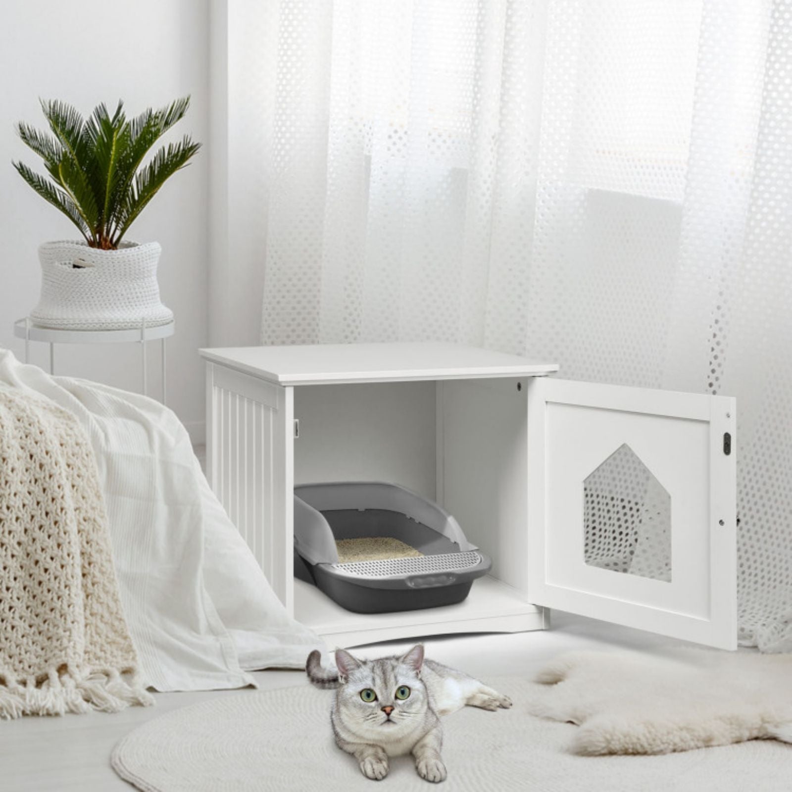 SUGIFT Sidetable Nightstand Weatherproof Multi-function Cat House-White