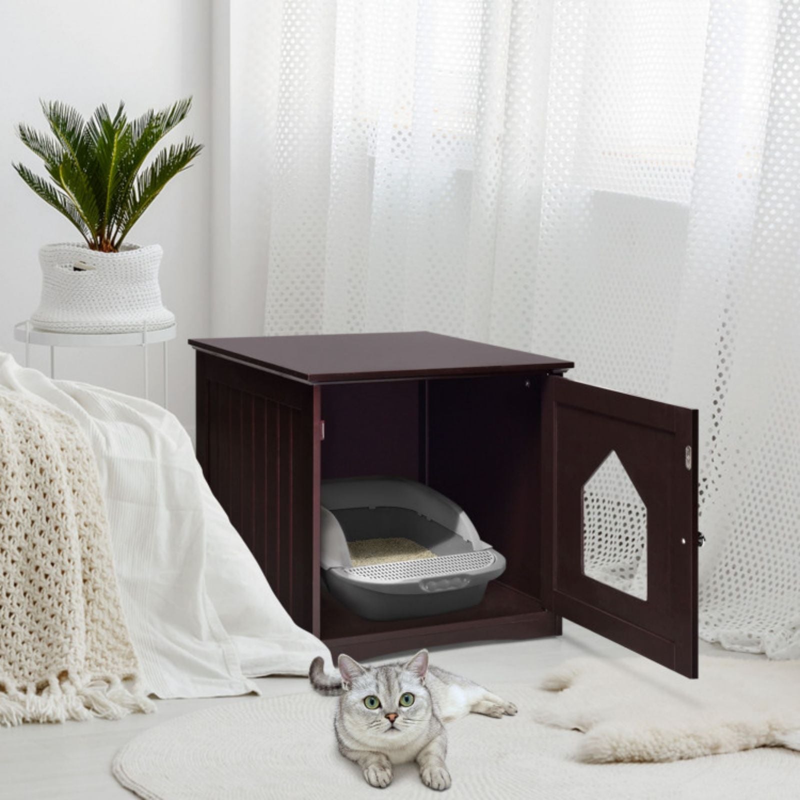 SUGIFT Sidetable Nightstand Weatherproof Multi-function Cat House-Brown