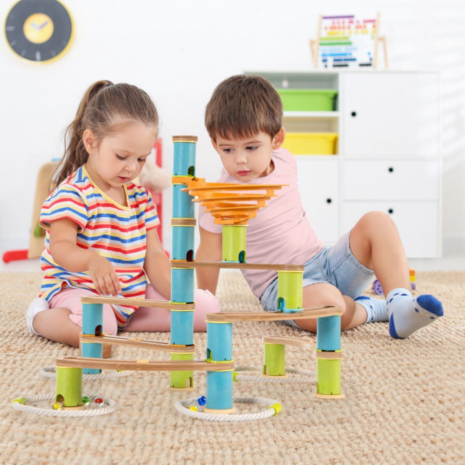 SUGIFT Bamboo Build Run Toy with Marbles for Kids Over 4