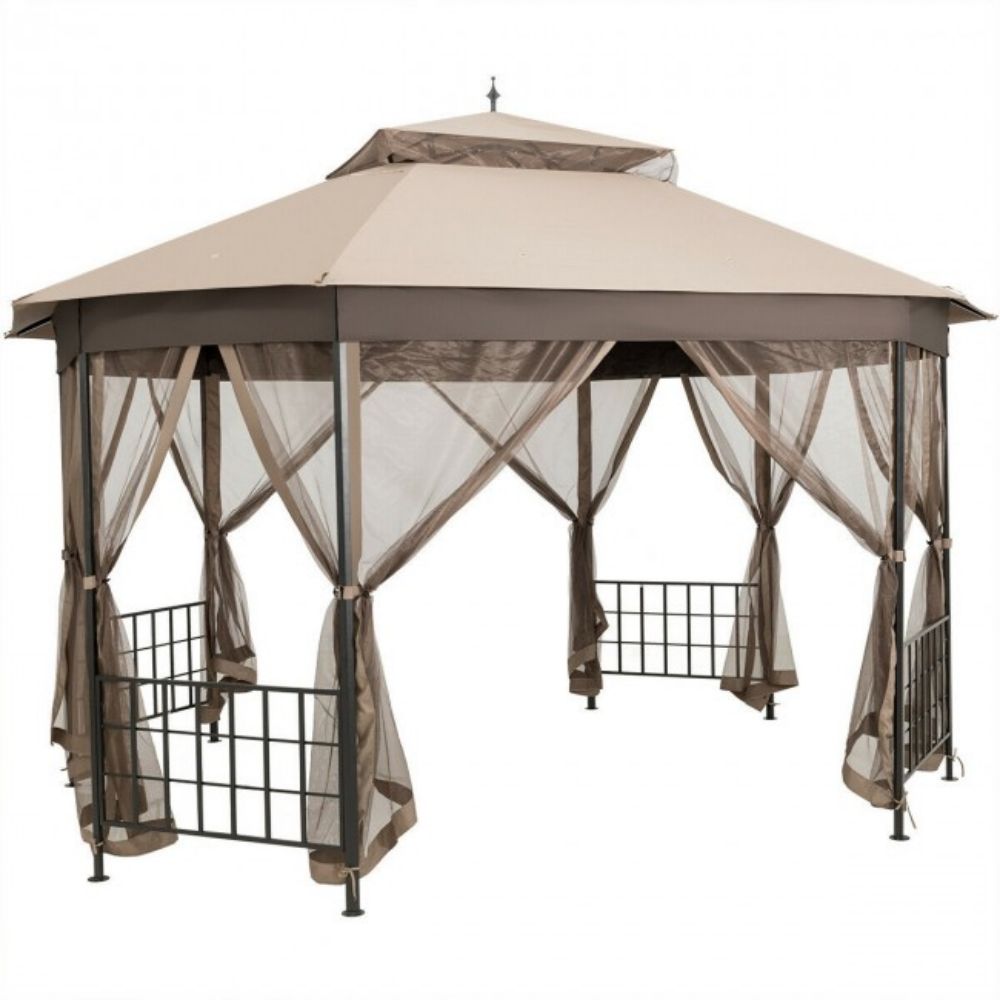 12 ft. x 10 ft. Brown Octagonal Patio Gazebo with Mosquito Net