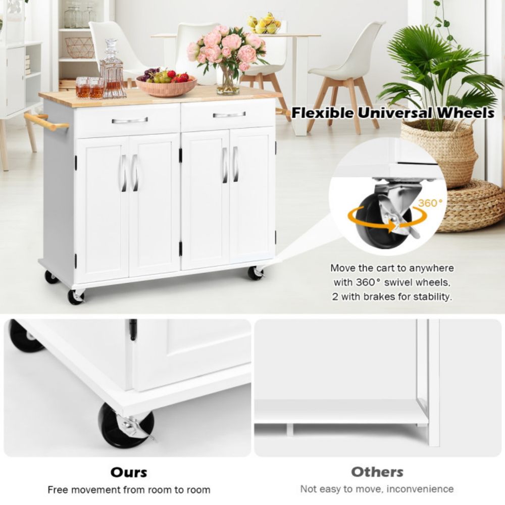 White Rolling Kitchen Cart with Towel Rack and Wood Table Top