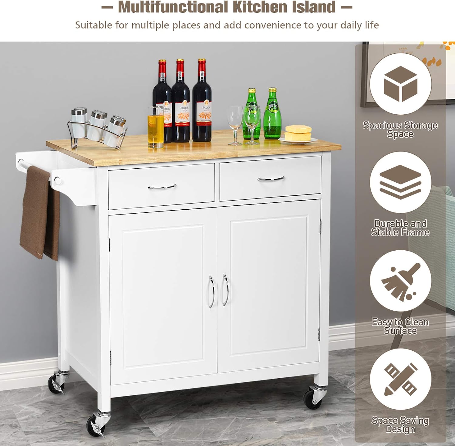 White Rolling Kitchen Cart with Towel Rack and Wood Table Top