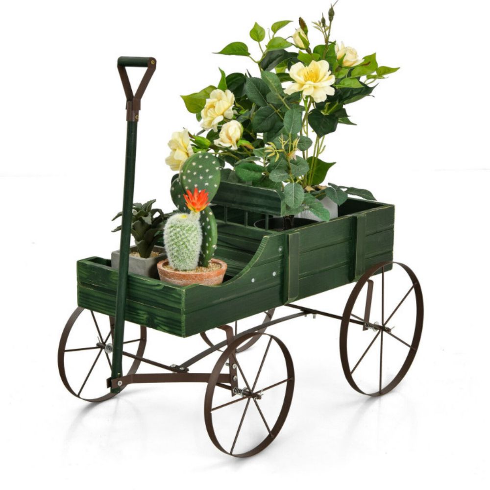 Wooden Wagon Plant Bed in Green with Metal Wheels