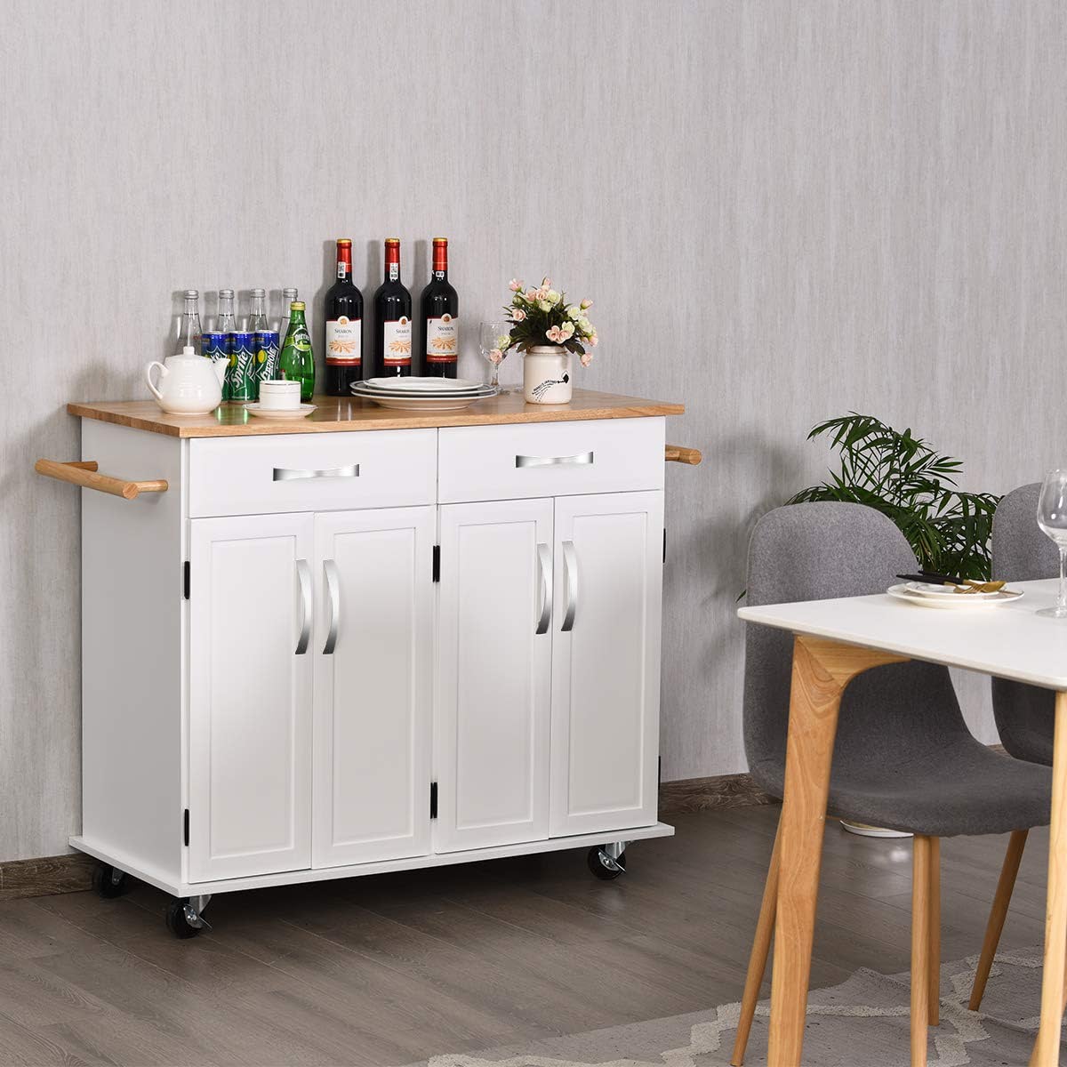 White Rolling Kitchen Cart with Towel Rack and Wood Table Top